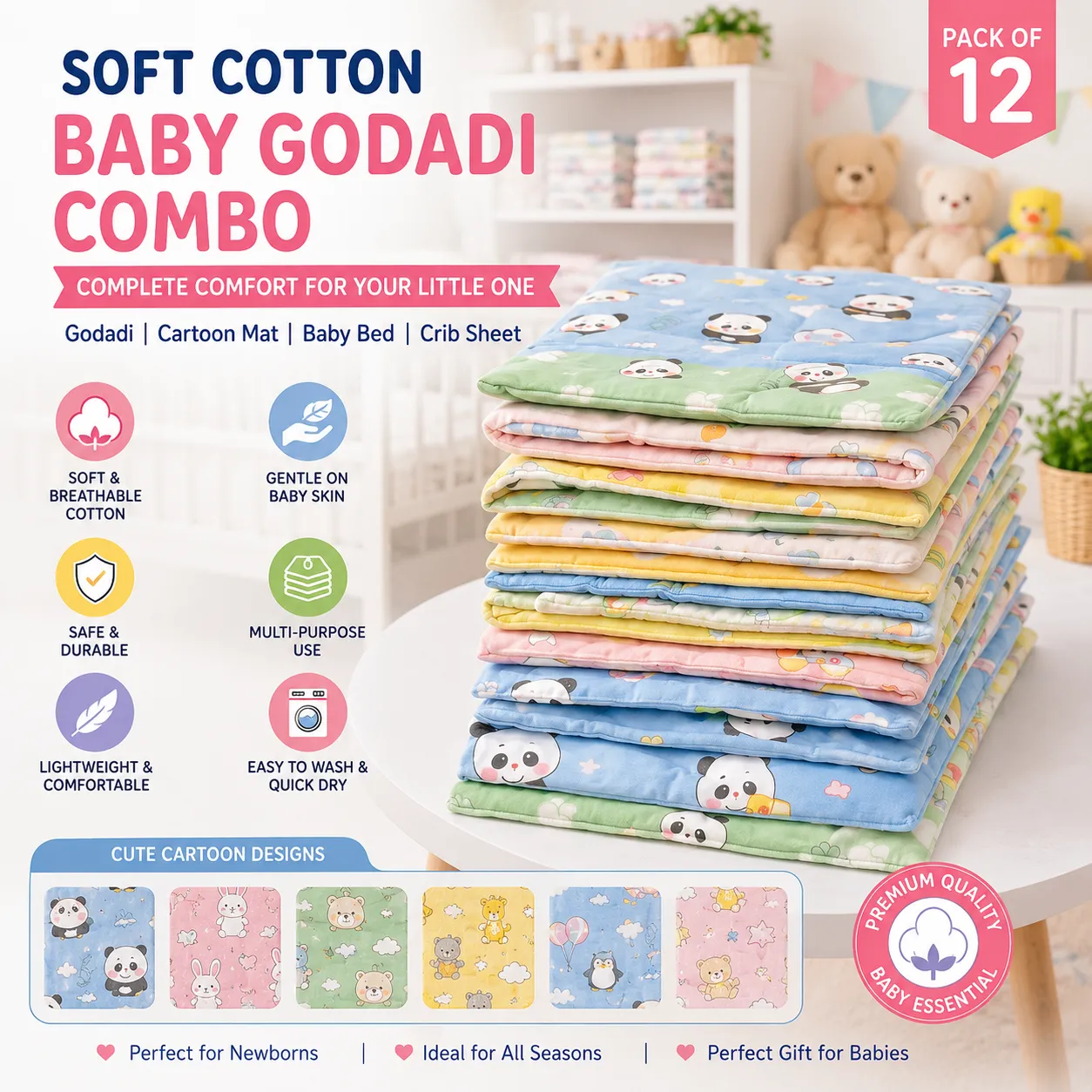 Soft Cotton Baby Godadi Combo for Newborns | Cartoon Baby Bedding Set | Multicolor (Pack of 12)