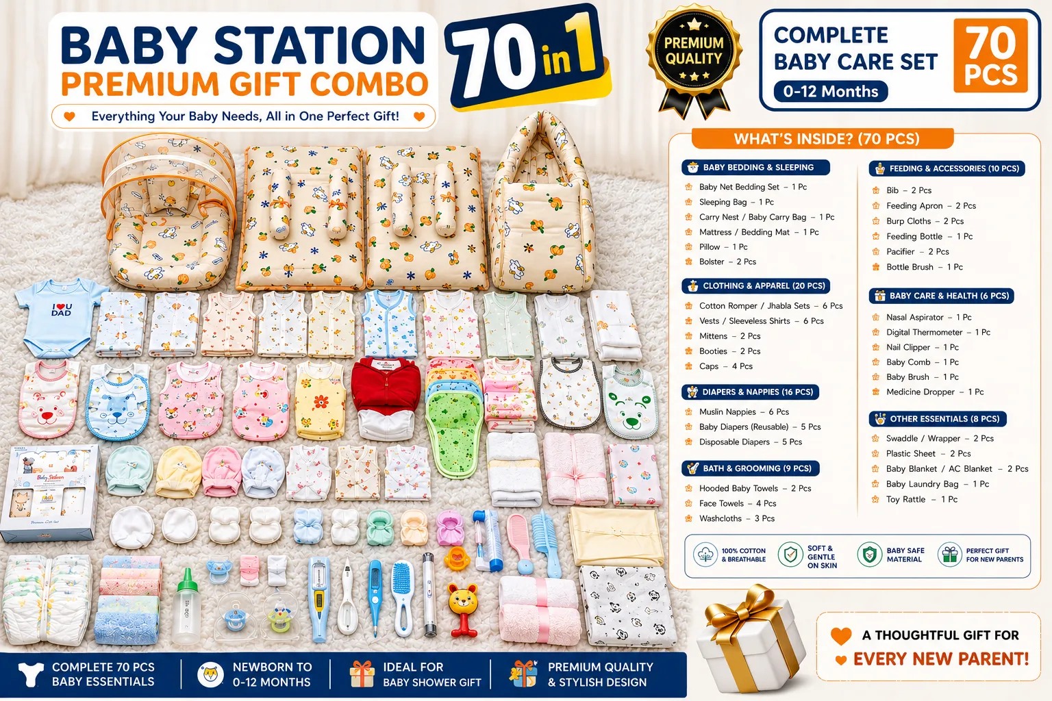 70 in 1 Combo Premium Newborn Baby Bedding Essentials