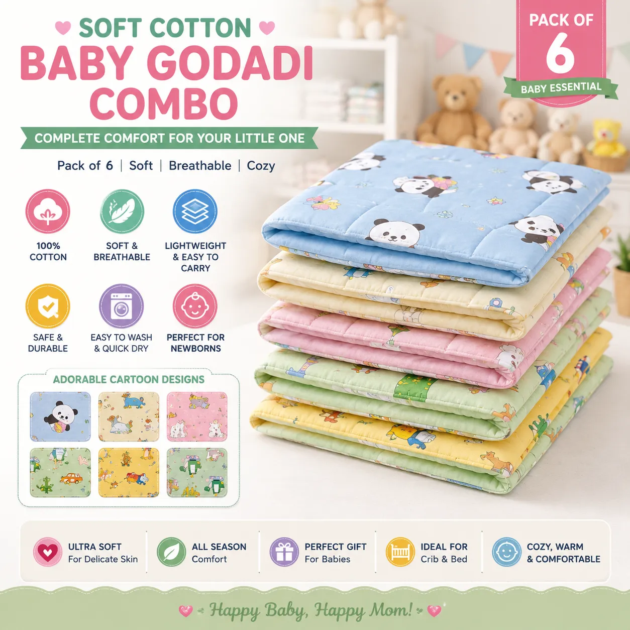 Soft Cotton Baby Godadi Combo for Newborns | Cartoon Baby Bedding Set | Multicolor (Pack of 6)