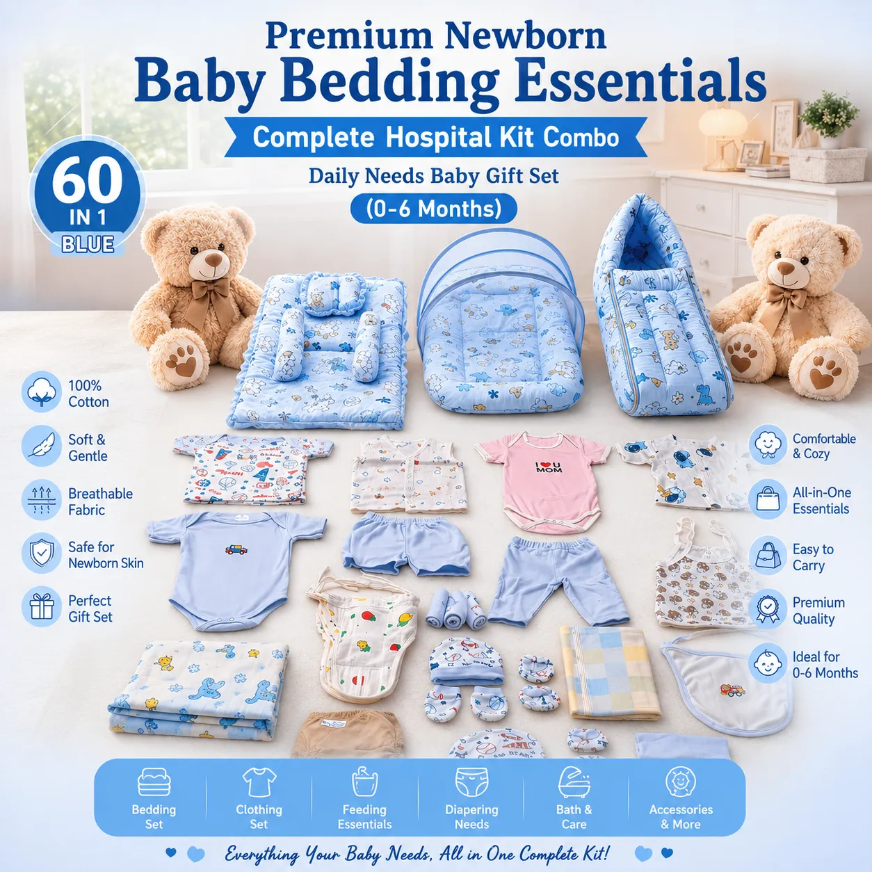 60 in 1 Premium Newborn Baby Bedding Essentials Combo | Complete Hospital Kit for Newborn Baby | Daily Needs Baby Gift Set for 0-6 Months | Soft Cotton Baby Care Combo | Multicolor