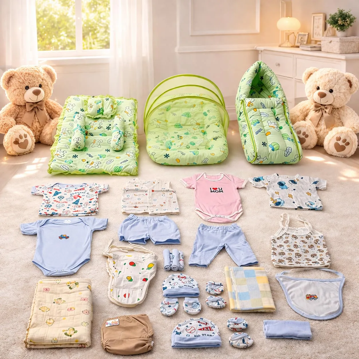 60 in 1 Premium Newborn Baby Bedding Essentials Combo | Complete Hospital Kit for Newborn Baby | Daily Needs Baby Gift Set for 0-6 Months | Soft Cotton Baby Care Combo | Multicolor