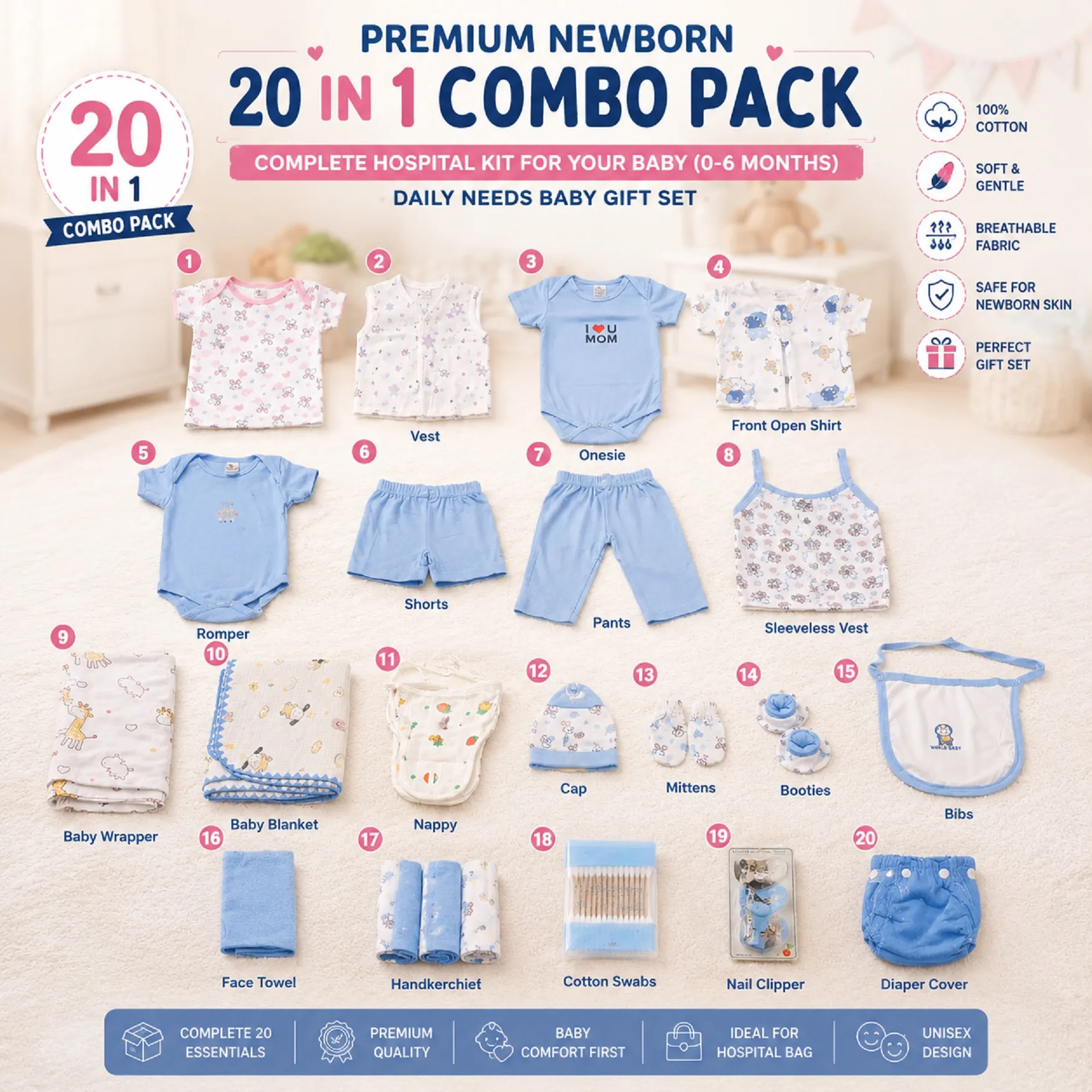 20 in 1 Combo Premium Newborn Baby Bedding Essentials