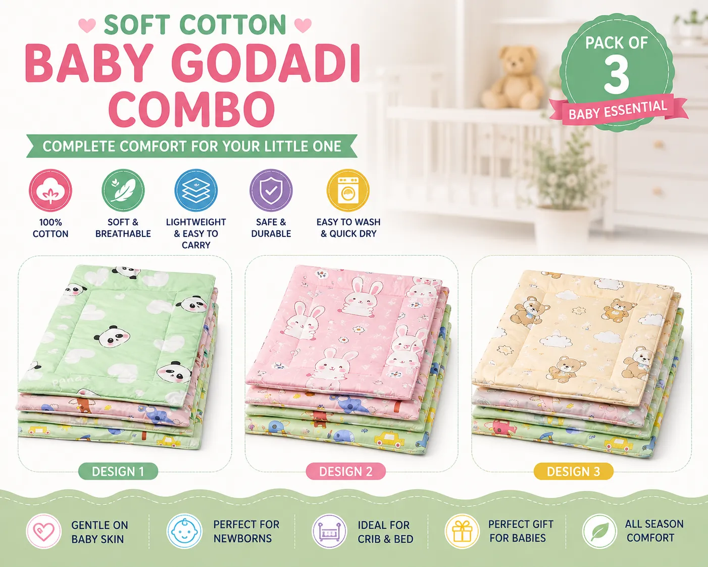 Soft Cotton Baby Godadi Combo for Newborns | Cartoon Baby Bedding Set | Multicolor (Pack of 3)